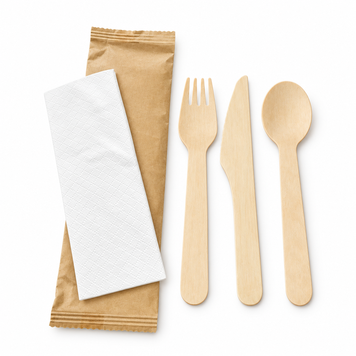 Wooden Utensil Kit with Knife, Fork, Spoon & Napkin on a white background – SKU CTLW-1