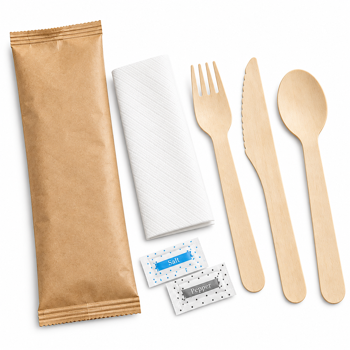 Wooden Utensil Kit with Knife, Fork, Spoon, Napkin, Salt & Pepper on a white background – SKU CTLW
