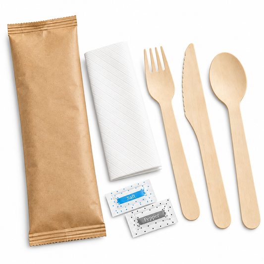 Wooden Utensil Kit with Knife, Fork, Spoon, Napkin, Salt & Pepper on a white background – SKU CTLW