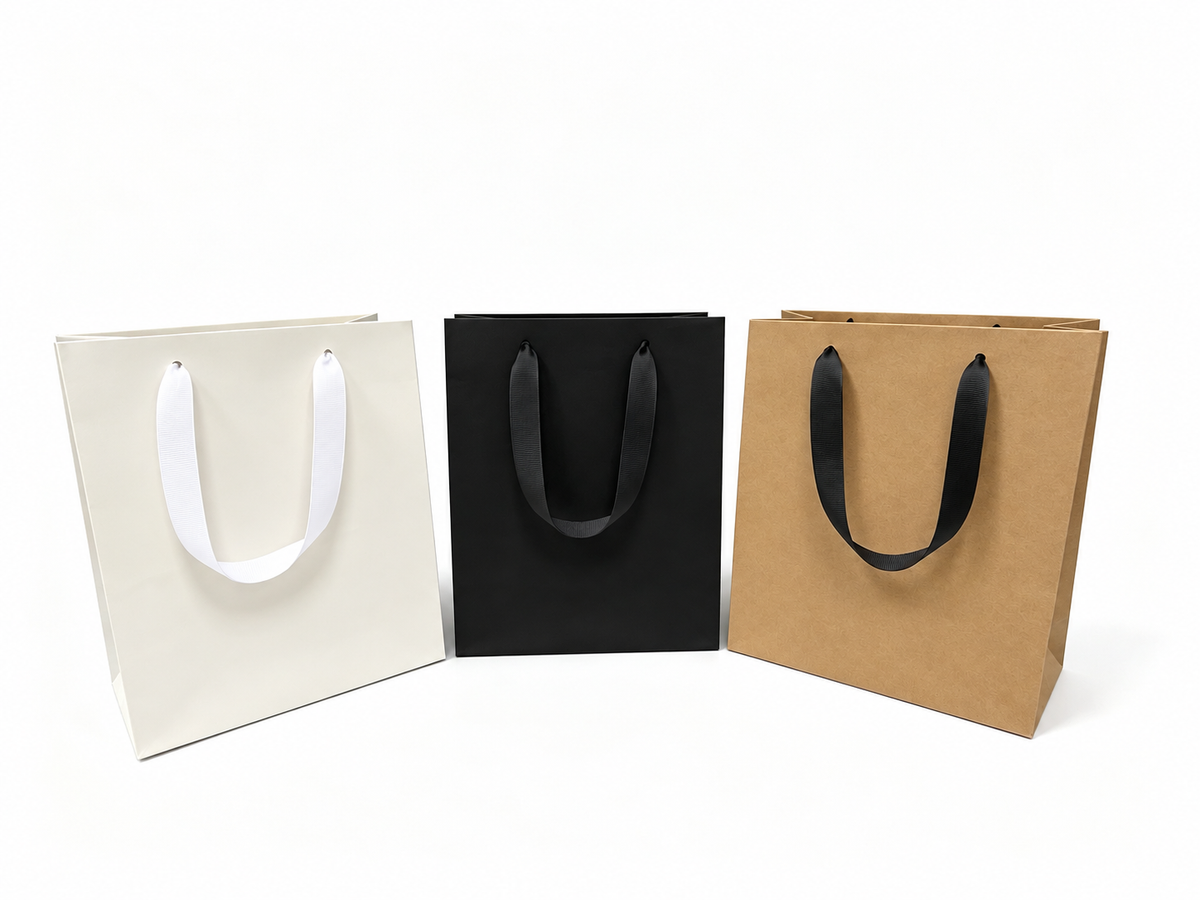 Euro Tote Black Paper Bags 8" x  5" x  3" with Ribbon Handles 150 pcs/case SKU #6119