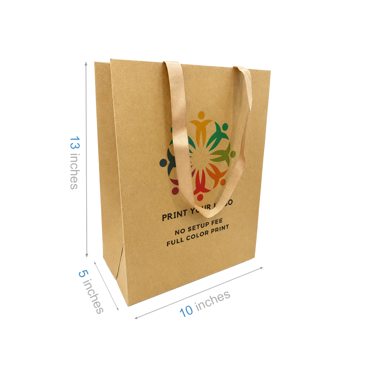 Custom Printed Cub Kraft Contour Luxe Paper Bags (10″ × 5″ × 13″) with Brown Ribbon Handles - SKU #6075