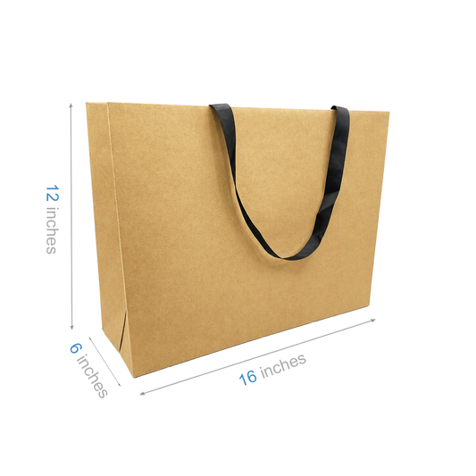 Vogue Kraft Contour Luxe Paper Bags (16″ × 6″ × 12″) with Black Ribbon Handles – 100 pcs/case – SKU #6213