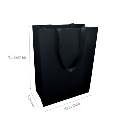FB1053BK | 100pcs Debbie 10x5x13 inches Black Laminated Contour Luxe Paper Bags, Double-sides Smooth Finish, Black Ribbon Handles; $1.20/pc