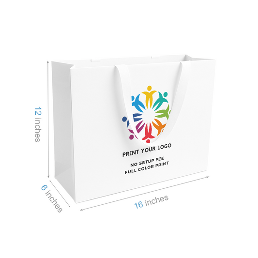 Vogue 16x6x12 inches White Contour Luxe Paper Bags, Double-sides Smooth Finish, White Ribbon Handles; Full Color Custom Print, Printed in Canada