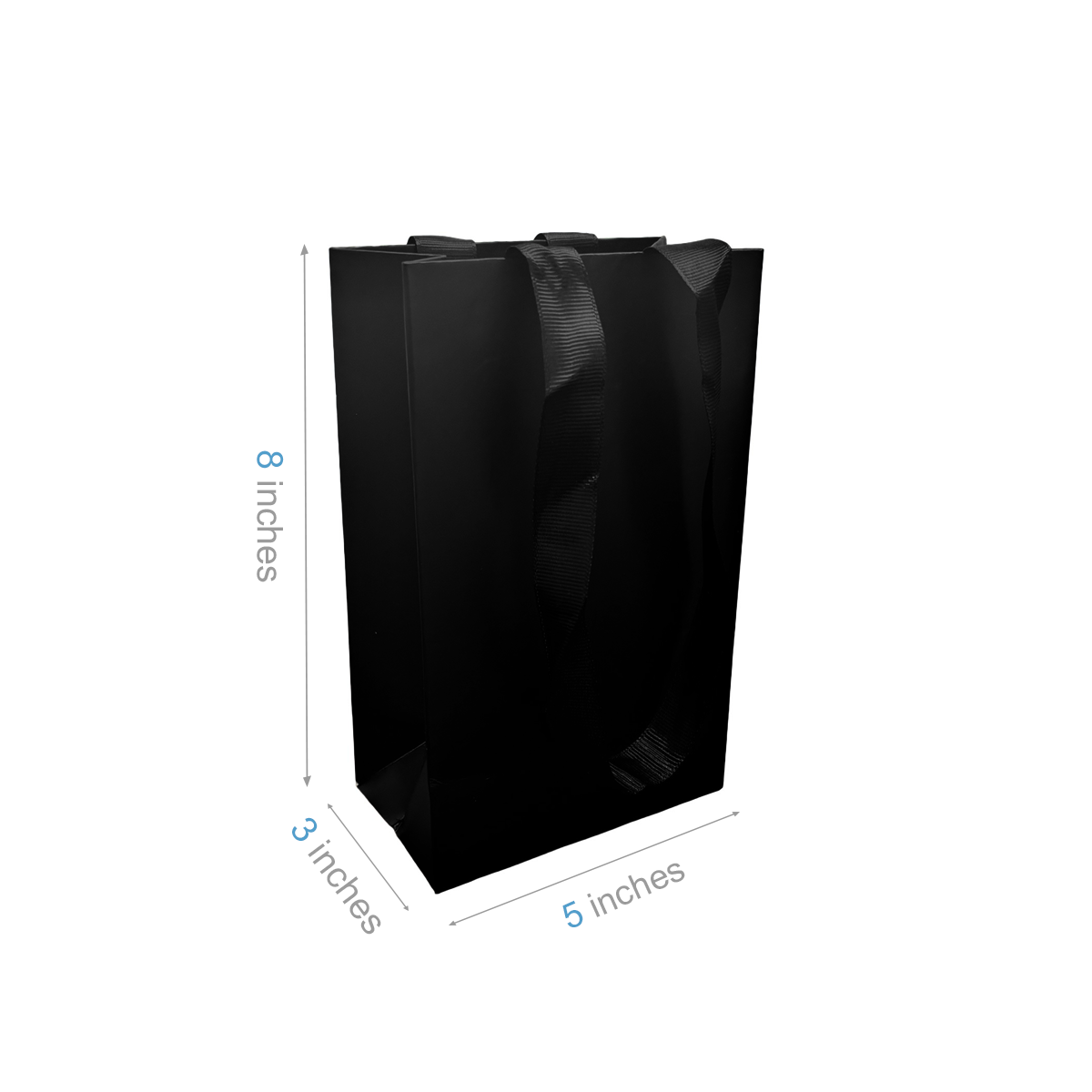 FB5358BK | 200pcs Gem 5x3x8 inches Black Laminated Contour Luxe Paper Bags, Double-sides Smooth Finish, Black Ribbon Handles; $0.82/pc