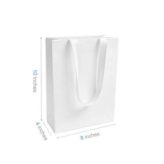 FB8410WW | 200pcs Cub 8x4x10 inches White Contour Luxe Paper Bags, Double-sides Smooth Finish, White Ribbon Handles; $0.96/pc