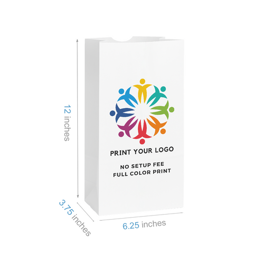 #8 - 6.25" x 3.75" x 12" - Prescription Bags - White Grocery Bags - Carton of 1000 - KIS PAPER - 6025; Full Color Custom Print, Printed in Canada