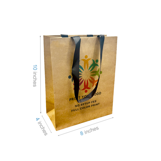 Cub 8x4x10 inches Kraft Contour Luxe Paper Bags, Double-sides Smooth Finish, Black Ribbon Handles Full Color Custom Print, Printed in Canada