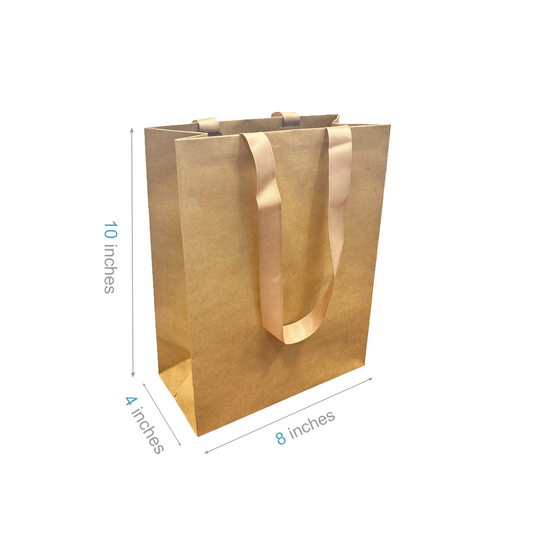 FB8410BBR | 200pcs Cub 8x4x10 inches Kraft Contour Luxe Paper Bags, Double-sides Smooth Finish, Brown Ribbon Handles; $0.84/pc