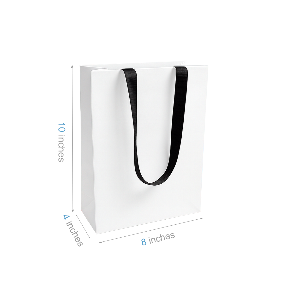 FB8410WB | 200pcs Cub 8x4x10 inches White Contour Luxe Paper Bags, Double-sides Smooth Finish, Black Ribbon Handles; $0.96/pc
