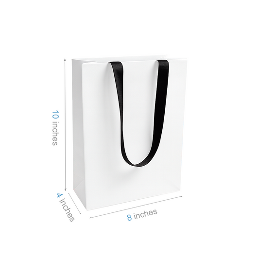 FB8410WB | 200pcs Cub 8x4x10 inches White Contour Luxe Paper Bags, Double-sides Smooth Finish, Black Ribbon Handles; $0.96/pc