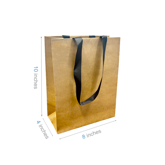 FB8410BBLK | 200pcs Cub 8x4x10 inches Kraft Contour Luxe Paper Bags, Double-sides Smooth Finish, Black Ribbon Handles; $0.84/pc