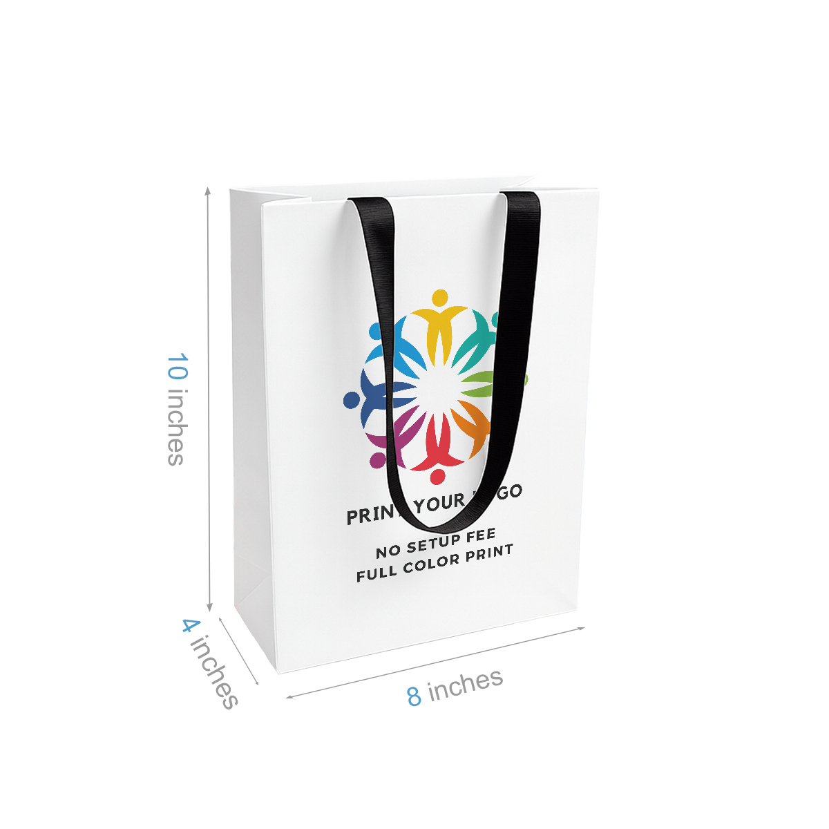 Cub 8x4x10 inches White Contour Luxe Paper Bags, Double-sides Smooth Finish, Black Ribbon Handles; Full Color Custom Print, Printed in Canada