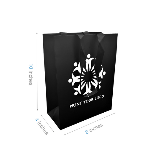 Cub 8x4x10 inches Black Laminated Contour Luxe Paper Gift Bag, Double-sides Smooth Finish, Black Ribbon Handles; One Color Custom Print, Printed in Canada