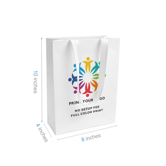Cub 8x4x10 inches White Contour Luxe Paper Bags, Double-sides Smooth Finish, White Ribbon Handles; Full Color Custom Print, Printed in Canada