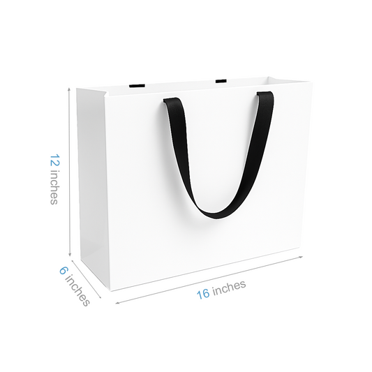 FB1662WB | 100pcs Vogue 16x6x12 inches White Contour Luxe Paper Bags, Double-sides Smooth Finish, Black Ribbon Handles; $1.34/pc