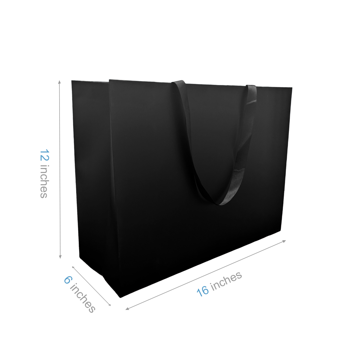 FB1662BK | 100pcs Vogue 16x6x12 inches Black Laminated Contour Luxe Paper Bags, Double-sides Smooth Finish, Black Ribbon Handles; $1.46/pc