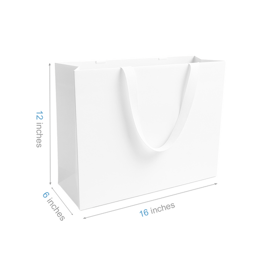 FB1662WW | 100pcs Vogue 16x6x12 inches White Contour Luxe Paper Bags, Double-sides Smooth Finish, White Ribbon Handles; $1.34/pc