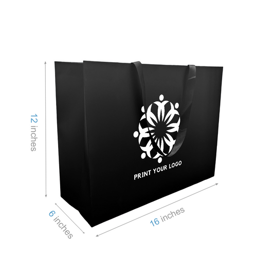 Vogue 16x6x12 inches Black Laminated Contour Luxe Paper Gift Bag, Double-sides Smooth Finish, Black Ribbon Handles; One Color Custom Print, Printed in Canada