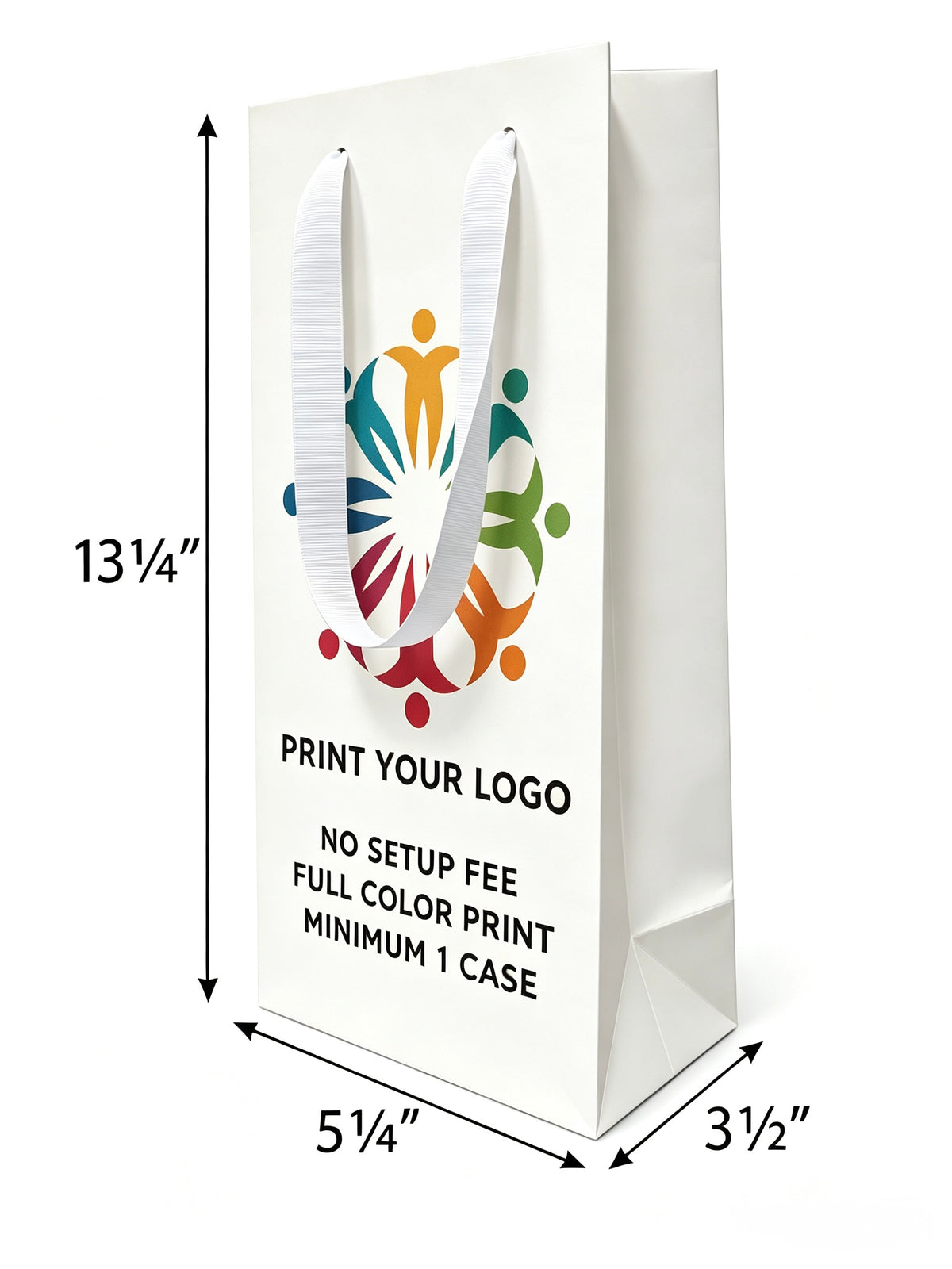 Custom Printed Euro Tote Laminated Wine White Paper Bags (5″ × 3.5″ × 13.25″) with Ribbon Handles - SKU #6832