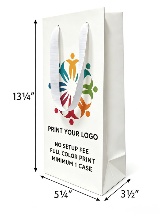 Custom Printed Euro Tote Wine White Paper Bags (5″ × 3.5″ × 13.25″) with Ribbon Handles - SKU #5426
