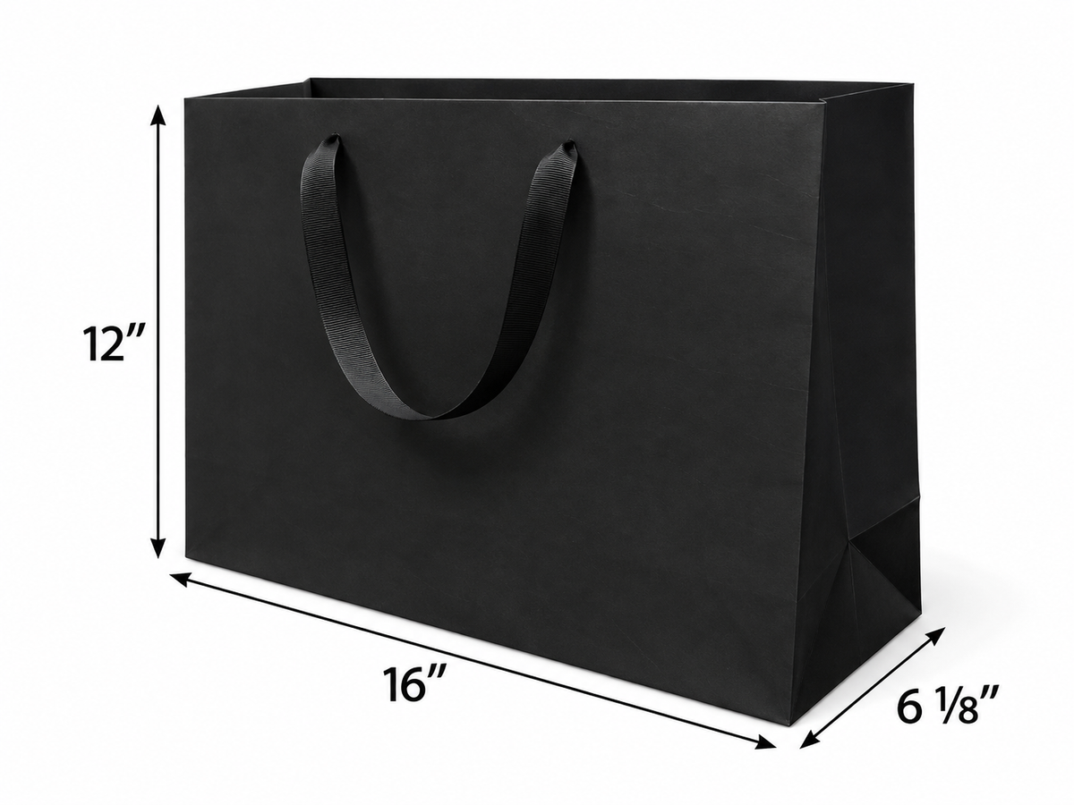 Euro Tote Black Paper Bags 16" x 6" x 12" with Ribbon/Rope Handles "150 pcs/case SKU #
