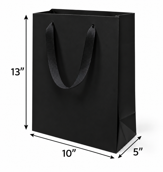 Euro Tote Black Laminated Paper Bags 10" x 5" x 13" with Ribbon Handles, 150pcs/case, SKU #6831