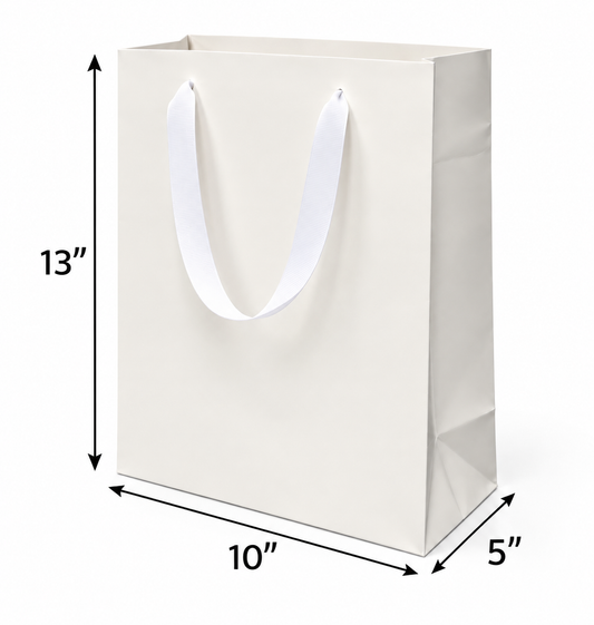 Euro Tote White  Laminated Paper Bags 10" x 5" x 13" with Ribbon Handles, 150pcs/case, SKU #6660