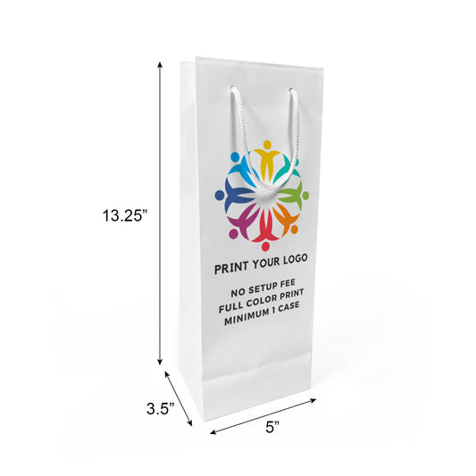 150pcs, Euro Tote Wine 5x3.5x13.25 inches White Paper Bags Rope Handles; Full Color Custom Print, Printed in Canada
