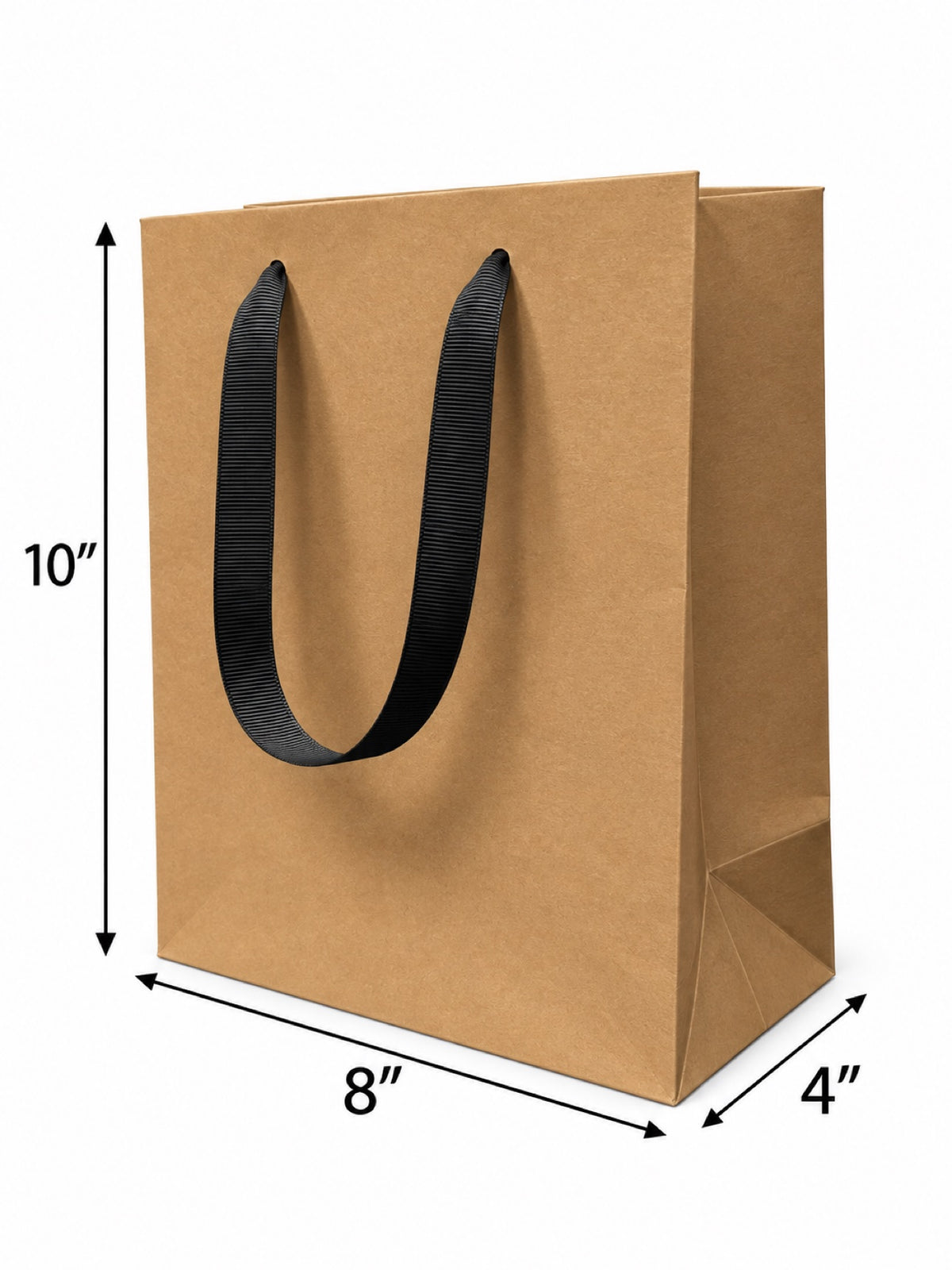 Euro Tote Kraft Paper Shopping Bag 8"x4"x10" with Black Grosgrain Ribbon Handles, 150 pcs/Case – SKU#5430