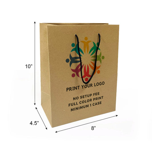 150pcs, Euro Tote Cub 8x4.5x10 inches Kraft Paper Bags Rope Handles; Full Color Custom Print, Printed in Canada