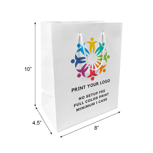 150pcs, Euro Tote Cub 8x4.5x10 inches White Paper Bags Rope Handles; Full Color Custom Print, Printed in Canada