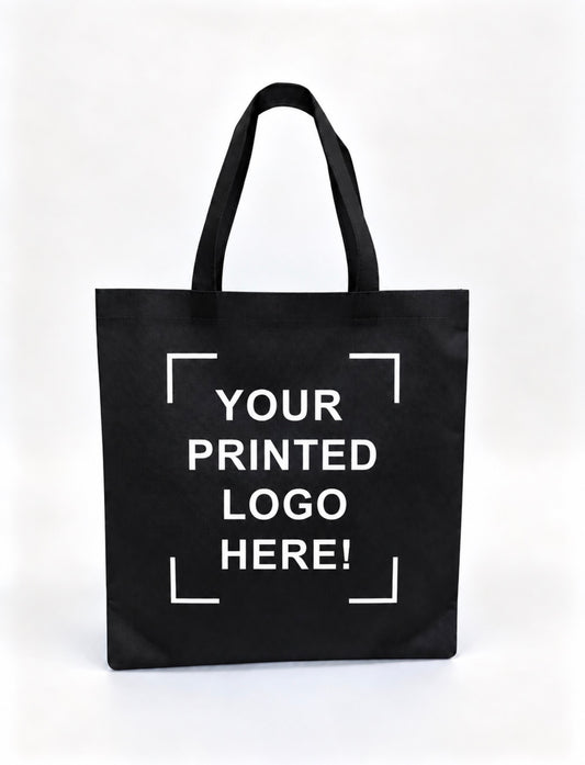 Black Custom Screen Printed Non-Woven Tote Bags – 15" x 16" – 100/200 pcs/case – SKU# 6241