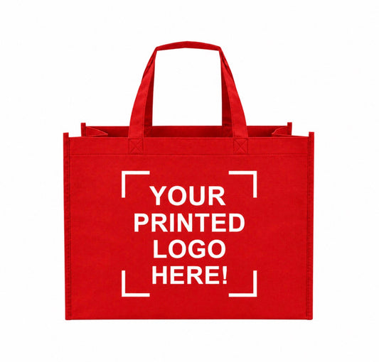 Red Custom Screen Printed Non-Woven Tote Bags – 18" x 8" x 14" – 100/200 pcs/case – SKU# 6250