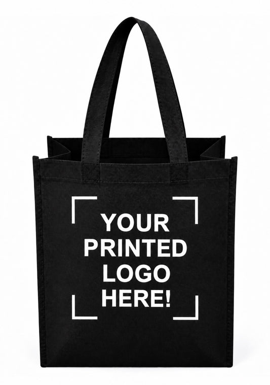 Black Custom Screen Printed Non-Woven Tote Bags – 12" x 6" x 14" – 100/200 pcs/case – SKU# 6252