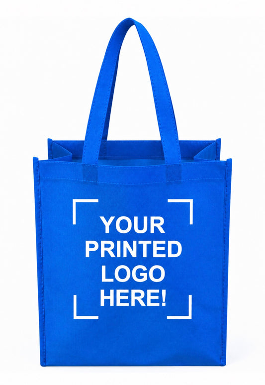 Blue Custom Screen Printed Non-Woven Tote Bags – 12" x 6" x 14" – 100/200 pcs/case – SKU# 6253