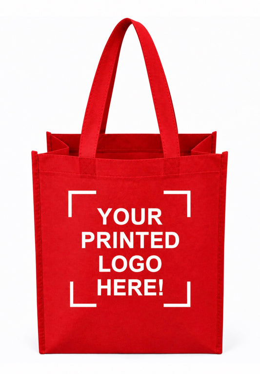 Red Custom Screen Printed Non-Woven Tote Bags – 12" x 6" x 14" – 100/200 pcs/case – SKU# 6254