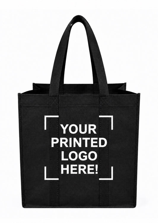 Black Custom Screen Printed Non-Woven Tote Bags – 15" x 8" x 15" – 100/200 pcs/case – SKU# 6255