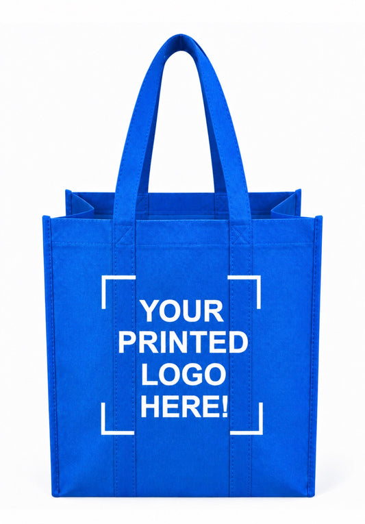 Blue Custom Screen Printed Non-Woven Tote Bags – 15" x 8" x 15" – 100/200 pcs/case – SKU# 6256