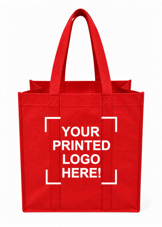 Red Custom Screen Printed Non-Woven Tote Bags – 15" x 8" x 15" – 100/200 pcs/case – SKU# 6257
