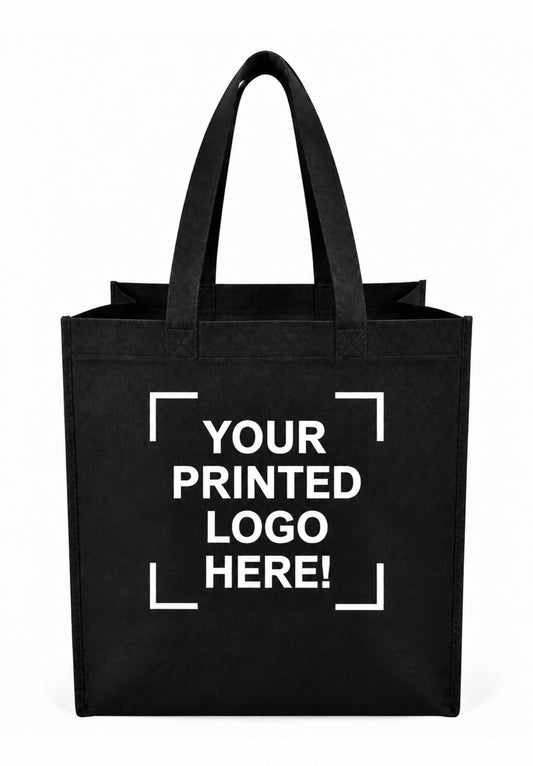 Black Custom Screen Printed Non-Woven Tote Bags – 9.5" x 4" x 12" – 100/200 pcs/case – SKU# 6258
