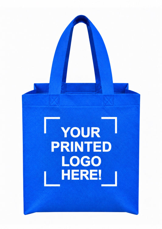 Blue Custom Screen Printed Non-Woven Tote Bags – 9.5" x 4" x 12" – 100/200 pcs/case – SKU# 6259