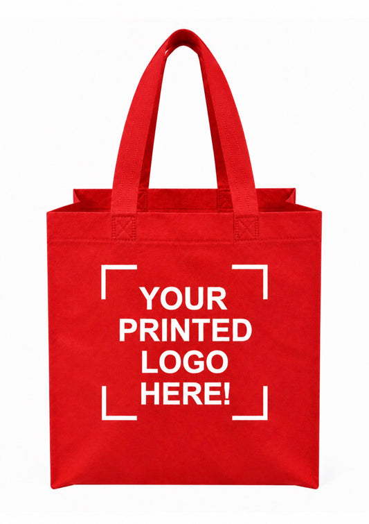 Red Custom Screen Printed Non-Woven Tote Bags – 9.5" x 4" x 12" – 100/200 pcs/case – SKU# 6260