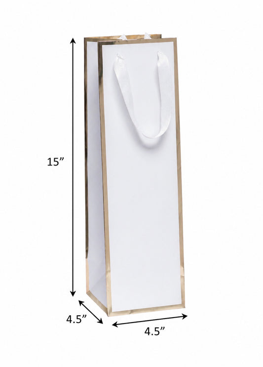 White Queen West Wine Bags Gold Foil Edge 4.5 x 4.5 x 15 inches with Twill Ribbon Handles