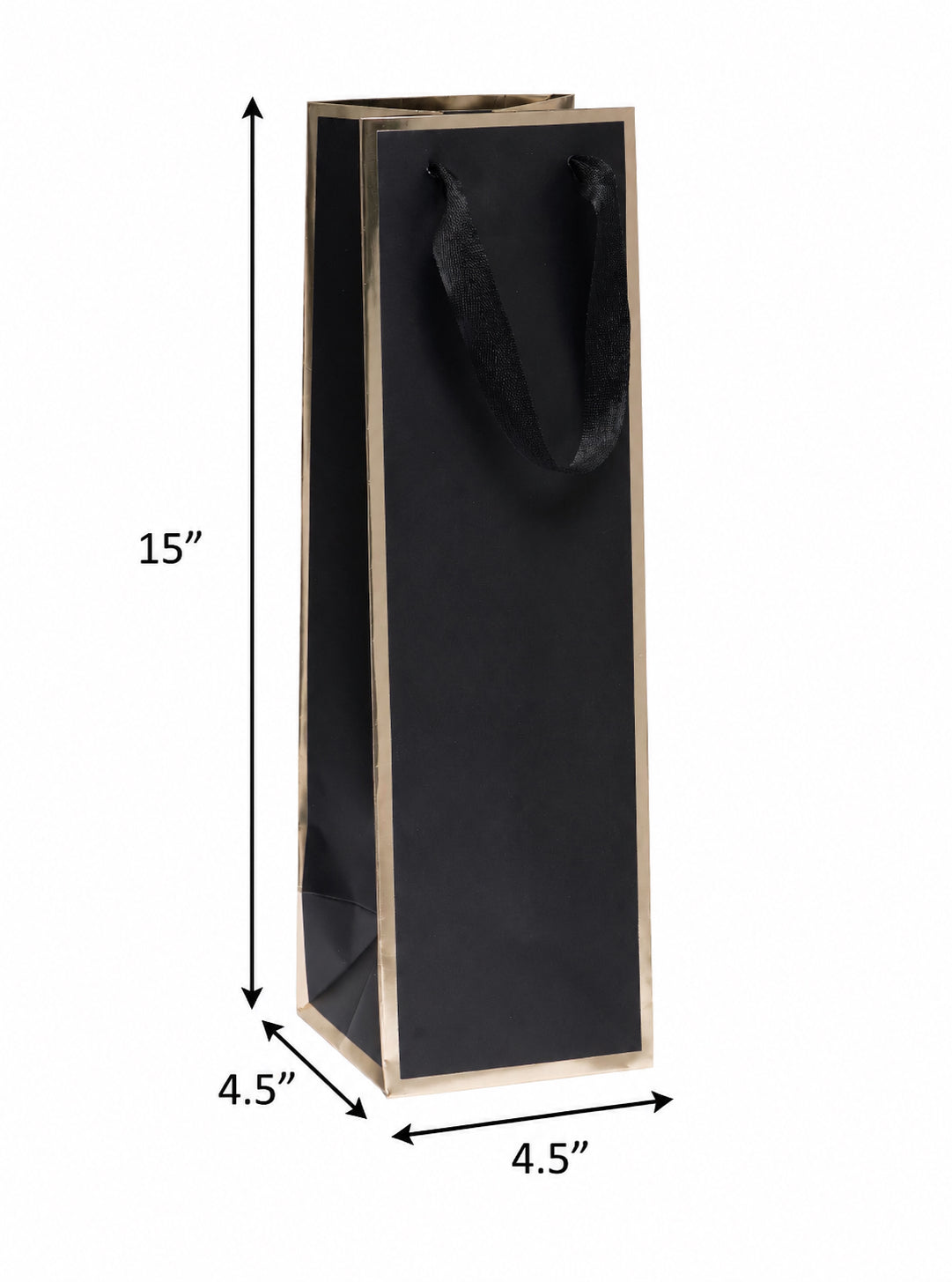 Black Queen West Wine Bags Gold Foil Edge 4.5 x 4.5 x 15 inches with Twill Ribbon Handles