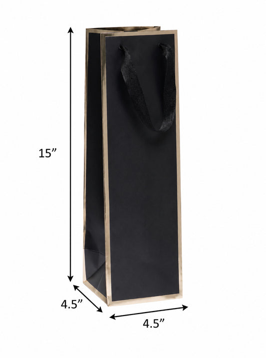 Black Queen West Wine Bags Gold Foil Edge 4.5 x 4.5 x 15 inches with Twill Ribbon Handles