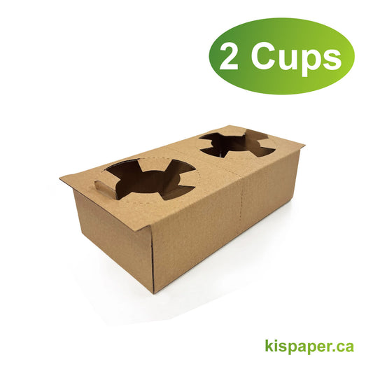 2 Cups - Kraft Foldable Paper Cup Holder Tray Corrugated - Carton of 100 - KIS PAPER - 1218; C$0.12/pc