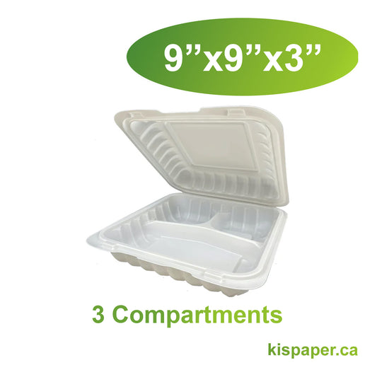 9" x 9" x 3" - Pebble Clamshell Hamburger Box - 3-Compartment - Carton of 150 - KIS PAPER - 5055; $0.269/pc