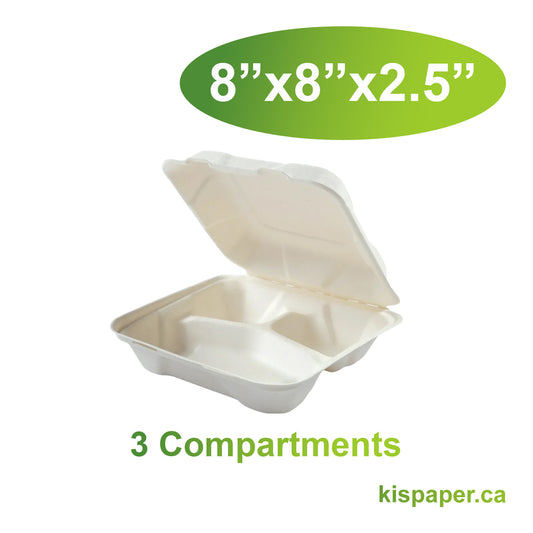 8" x 8" x 2.5" - Bagasse Clamshell Containers 3 Compartments - Carton of 200 - KIS PAPER - 5119; $0.216/pc