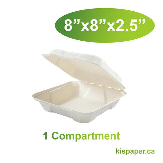 8" x 8" x 2.5" - Bagasse Clamshell Containers 1 Compartment - Carton of 200 - KIS PAPER - 5118; $0.216/pc